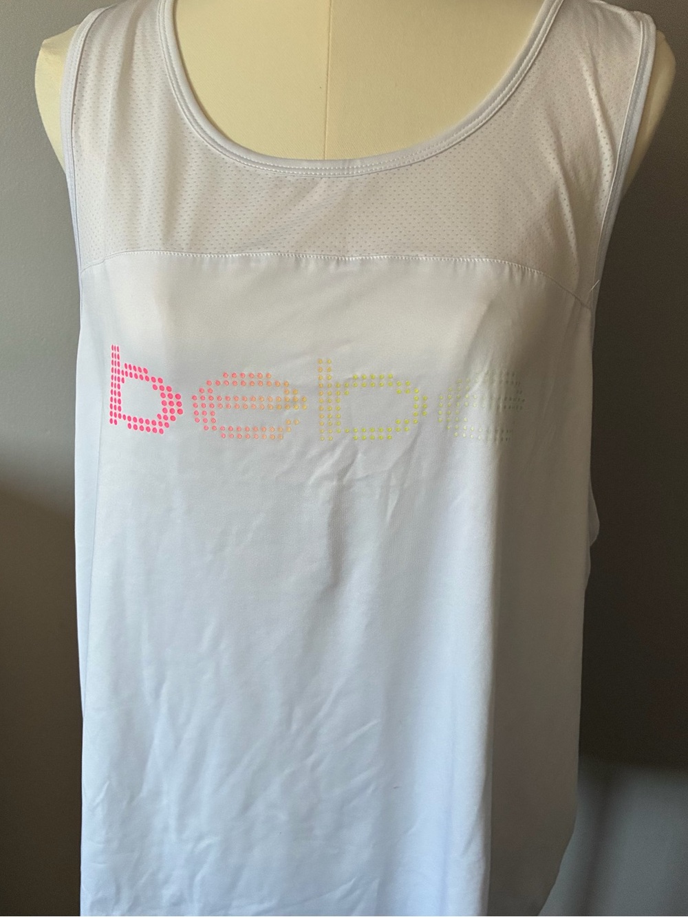 White Athletic Mesh Back Tank with Subtle Pink BEBE Logo